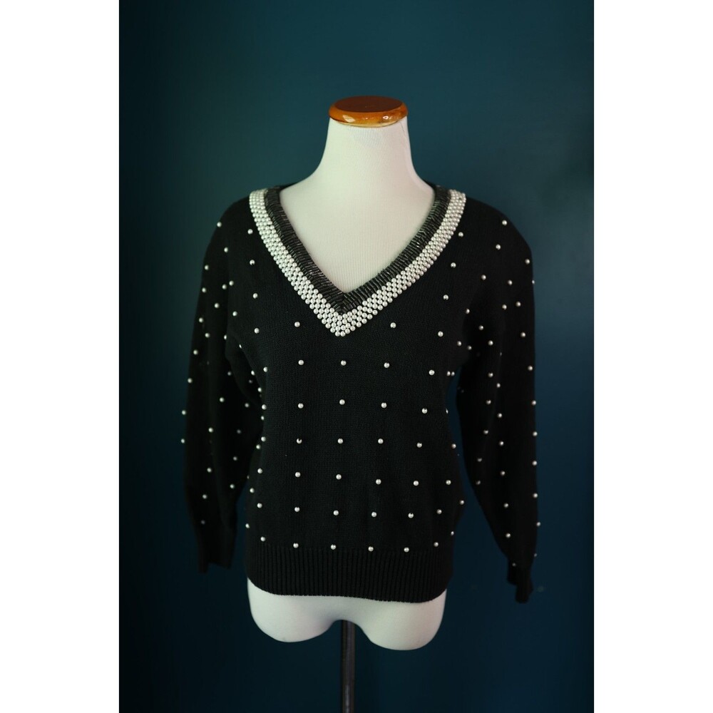 Vintage Amilano Collection Beaded Pearl Pin Up Retro Black V Neck Sweater M